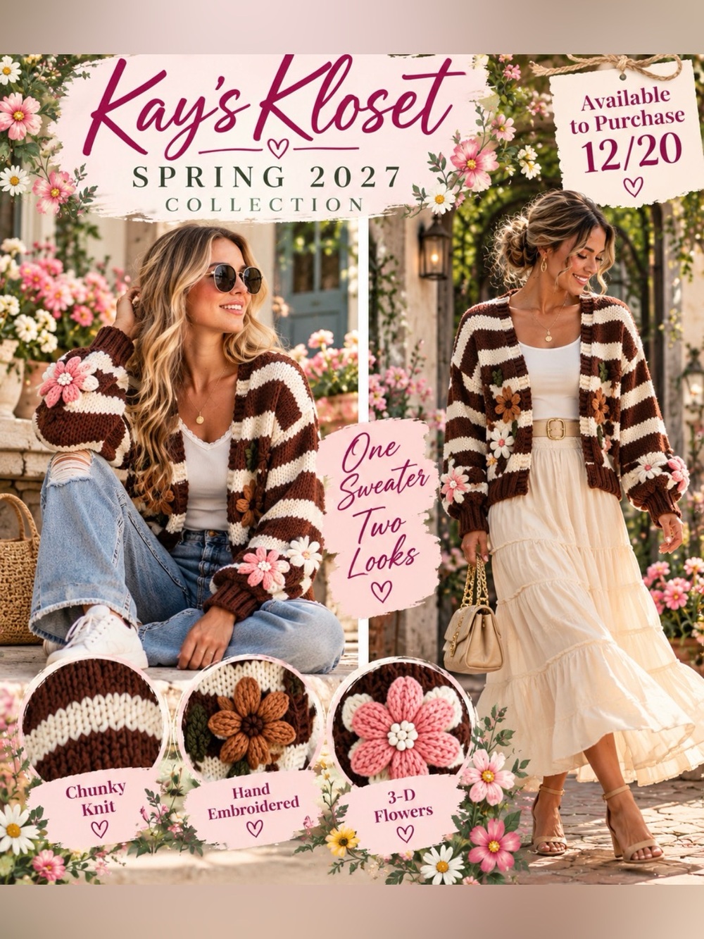 LS3–🤎🩷 (12/20) HAND EMBROIDERED FLORAL STRIPED CHUNKY KNIT CARDIGAN
